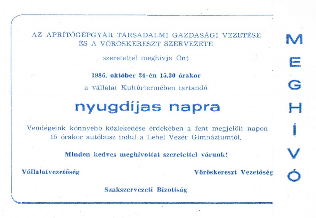 1986 - Nyugdíjas napi meghívó -  Fotó: Bathó László